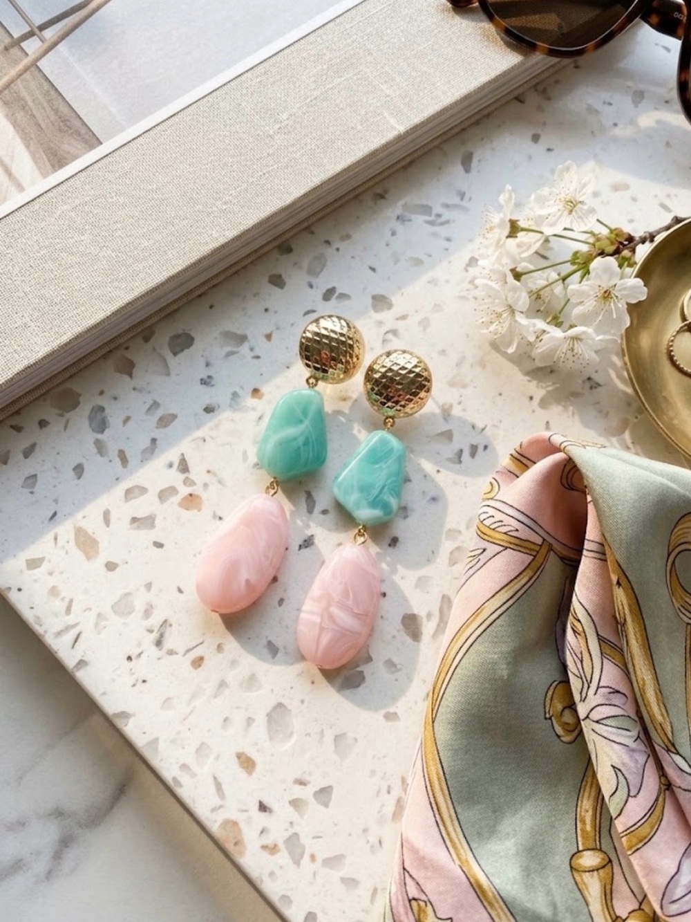 Gold Pink and Mint Drop Earrings - Women's Fashion Jewelry